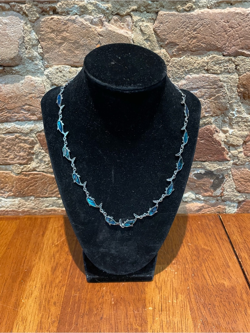 Dolphins Links Necklace 18” Adjustable Silver Tone with Inlay